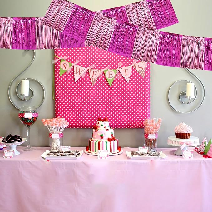 BEISHIDA 3 Packs Metallic Foil Fringe Garland Pink Mix Wall Hanging Tinsel Fringe Banners for Car Floats Birthday Baby Bridal Shower Wedding Graduation Holiday Party Decoration(30 Feet)