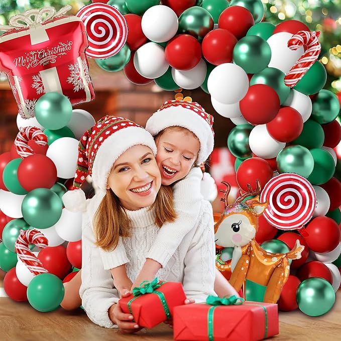 Christmas Balloons Garland Arch Kit, 85 Pcs Red Green White Balloons with Candy Elk Santa Claus Gift Box Mylar Balloons for Candy Theme Baby Shower Birthday Christmas party Decoration