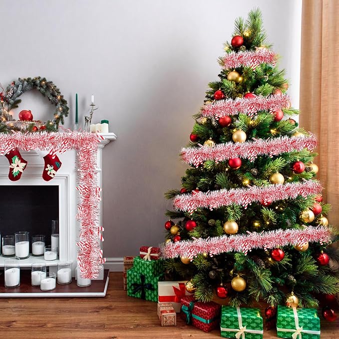 33ft Christmas Tinsel Candy Cane Hanging Garland for Tree & Fireplace Decoration