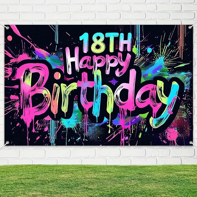 Neon 18th Happy Birthday Banner 71x43 Inch Glow in The Dark Party Backdrop Colorful Wall Decor for Adults Boys Girls Eighteenth Birthday Celebrations Photo Booth Props Event Supplies