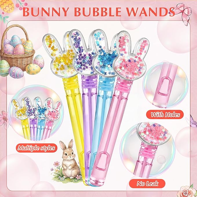 24 Pcs Easter Party Favors Bunny Bubble Wands Multicolor Bubbles Wands for Summer Outdoor Goodie Bags Stuffers Easter Carnival Prizes Birthday Treats