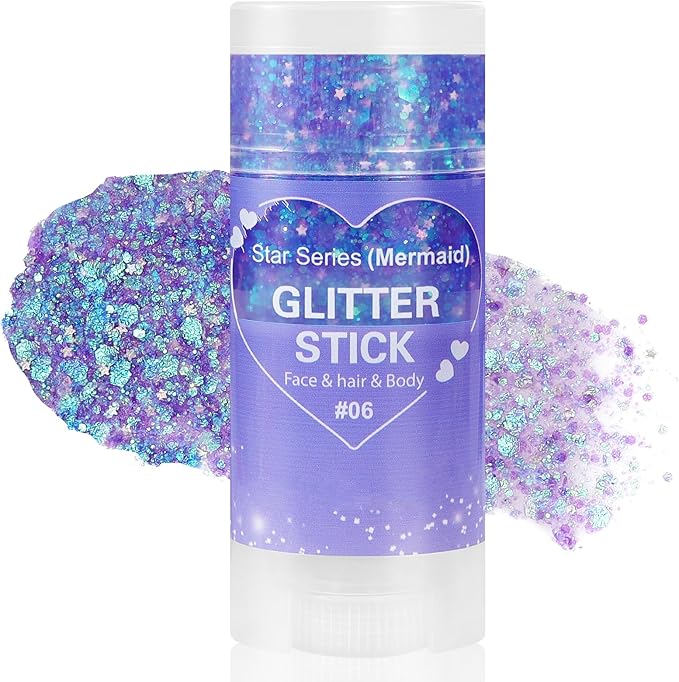 Mysense Purple Body Glitter Stick,Mardi Gras Face Hair Glitter,Singer Concert Festival Rave Outfit Accessories for Women Kids,Sparkling Mermaid Sequins Chunky Glitter Makeup