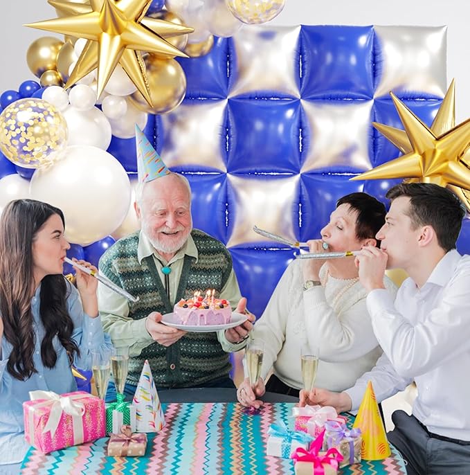 Royal Blue and Silver Checkered Square Foil Balloons Backdrop Wall, Double Sided Tunnel with Dark Blue White Gold Balloon Arch Garland Kit for Birthday Graduation New Year Graduation Party Decoration