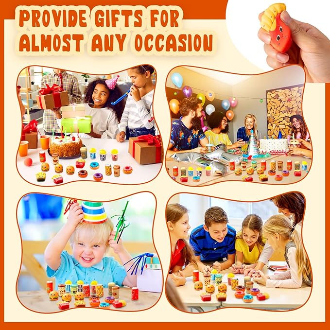 Leyndo 50 Pcs Mini Food Toys Bulk Kids Cute Slow Rising Food Party Favors Kawaii Hamburger Donut Soft Squeeze Sensory Fidget Stress Relief Gifts for Girls Boys Class Prize Goodie Bag Fillers