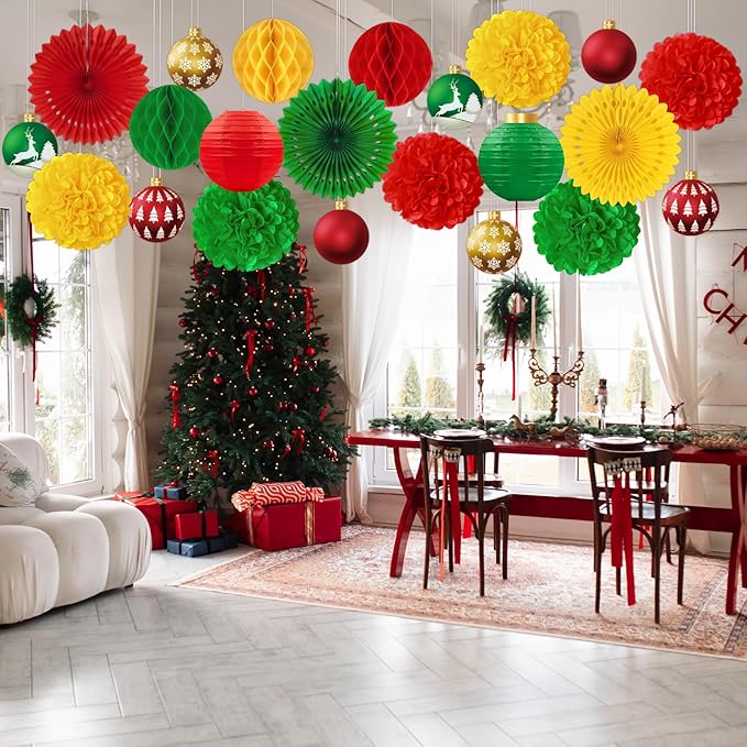 22pcs Christmas Party Decorations Indoor – Red Green Gold Paper Fans, Hanging Lanterns, Honeycombs, Pom Poms, Xmas Ball-Shaped Cards for Holiday, Office Decor