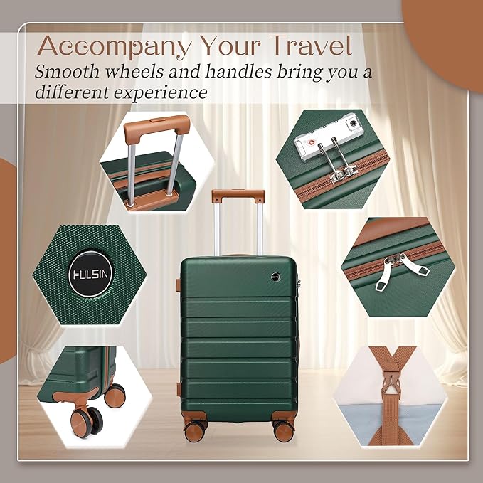 Hulsin Carry on Luggage Suitcase, 22x14x9 Airline Approved 20 Inch Hardside Carry-on Luggage with Spinner Wheels, Hard Shell Luggage with TSA Lock, Hard Case Small Travel Suitcase (Green, 20-Inch)