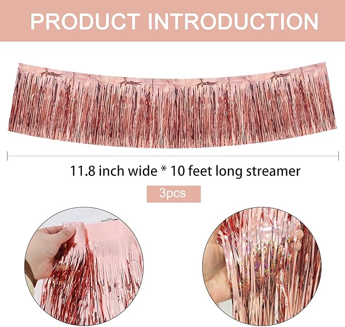 BEISHIDA 3 Packs Metallic Foil Fringe Garland Laser Rose Gold Wall Hanging Tinsel Fringe Banners for Car Floats Birthday Baby Bridal Shower Wedding Graduation Holiday Party Decoration(30 Feet)