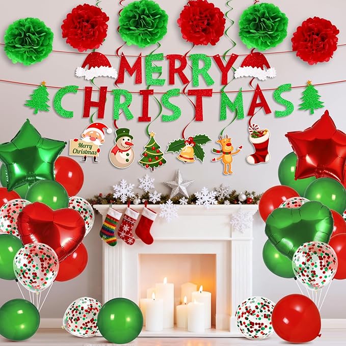 Merry Christmas Party Decorations Set Balloon Garland Arch Kit Balloons Merry Xmas Banner Red Green Foil Fringe Curtain Xmas Birthday Baby Shower Party Balloons Party Props for Photo Supplies
