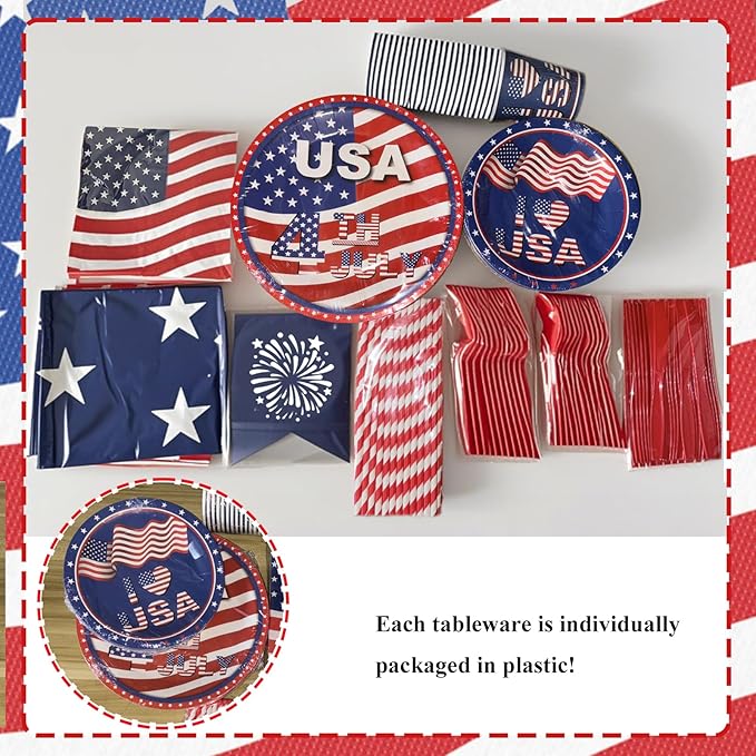 4th of July Decorations,194Pcs 4th of July Party Supplies Set,Patriotic Decor for Independence Day Includes Plates,Napkins,Cups,Banner,Tablecloth,Knives,Forks,Spoons and Straws (Serves 24)