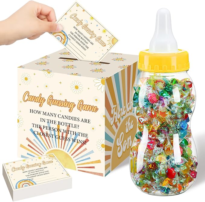 Glenmal 52 Pcs Baby Shower Games Gift Sets Large Baby Bottle for Shower Game Guess How Many Candies Decorations for Gender Reveal(Here Comes the Son)