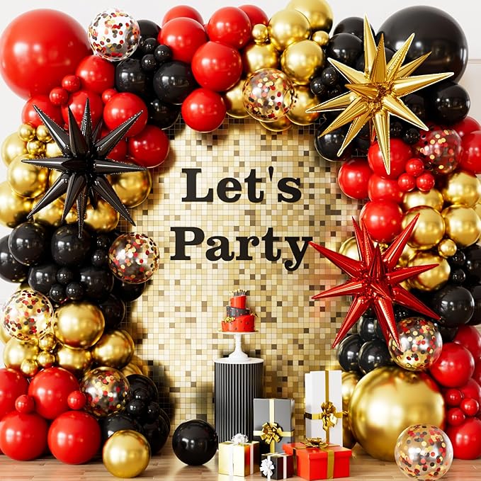 Red Black and Gold Balloons Arch Garland Kit – 131Pcs Latex Balloons with Foil Starburst Balloons for Birthday Hollywood Casino Movie Night New Year Party Decor