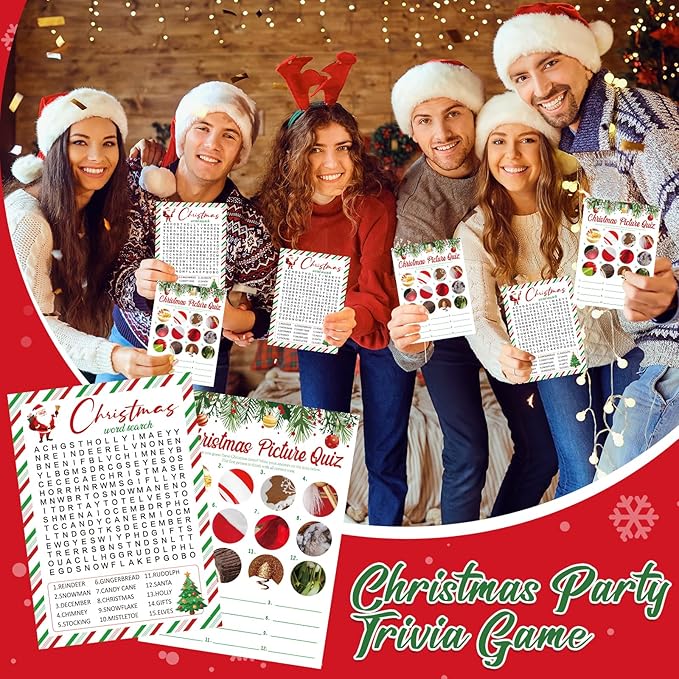 COCHIE 30 Players Christmas Party Games for Adults Family Office Large Groups, Xmas Parties Picture Quiz Game, Guesstures Game, Christmas Word Search Games with Answer Key (Xmas Search)