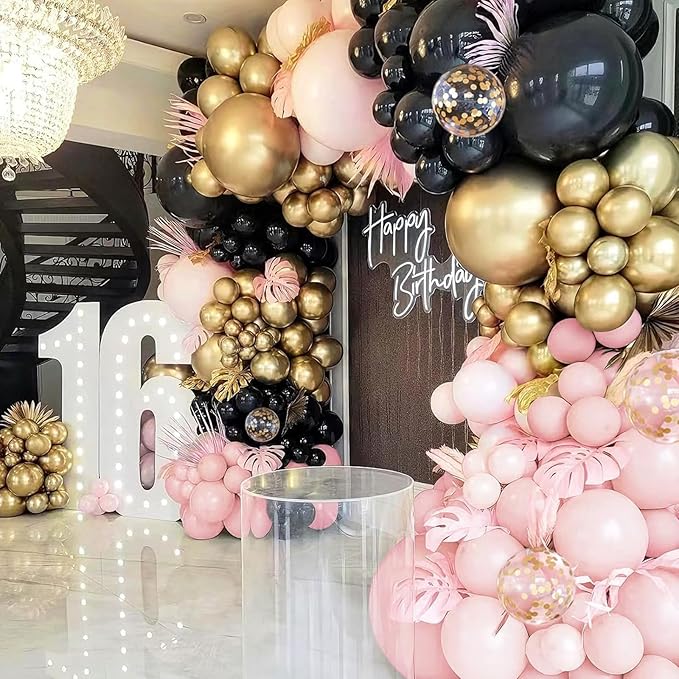 Black Pink and Gold Balloons Arch Kit 144pcs 18/12/10/5inch Black Pastel Pink Metallic Gold Balloon Garland for Women Girls Birthday Wedding Bridal Shower Bachelorette Graduation Baby Shower Decor