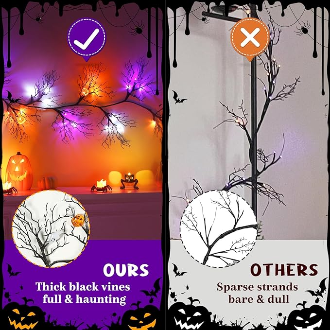 Joyhalo Halloween Garland with Lights Decorations with Pumpkin & Bat & Ghost Lights,Battery Operated 6FT 45 LED Halloween Willow Vine Twig Garland for Mantle,Wall,Fireplace and Halloween Decorations