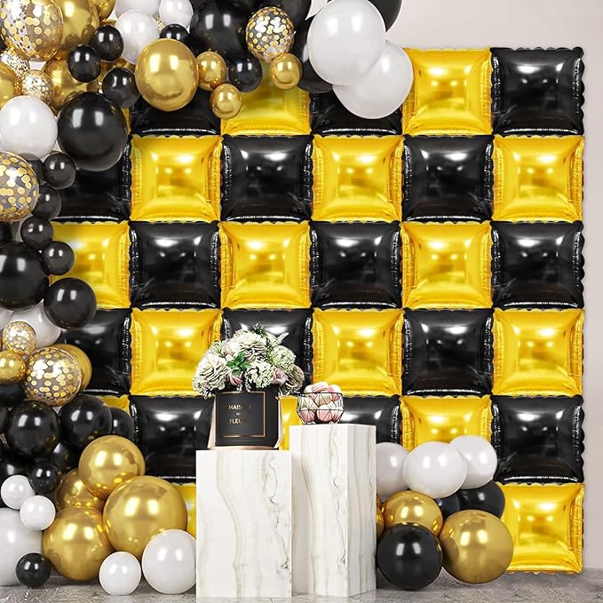 36 Piece XL Black and gold Double Sided Square Balloon Screen Tunnel Arch Kit Mylar Square Balloons For Baby Shower Graduation Prom Birthday Party Decorations