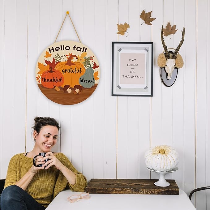 Thanksgiving Decorations - Welcome Sign for Front Door,Rustic Round Wood Wreaths for Outdoor,Maple Leaves Garland Porch Decor for Thanksgiving Friendsgiving - Fall Decor for Room Kitchen Wall