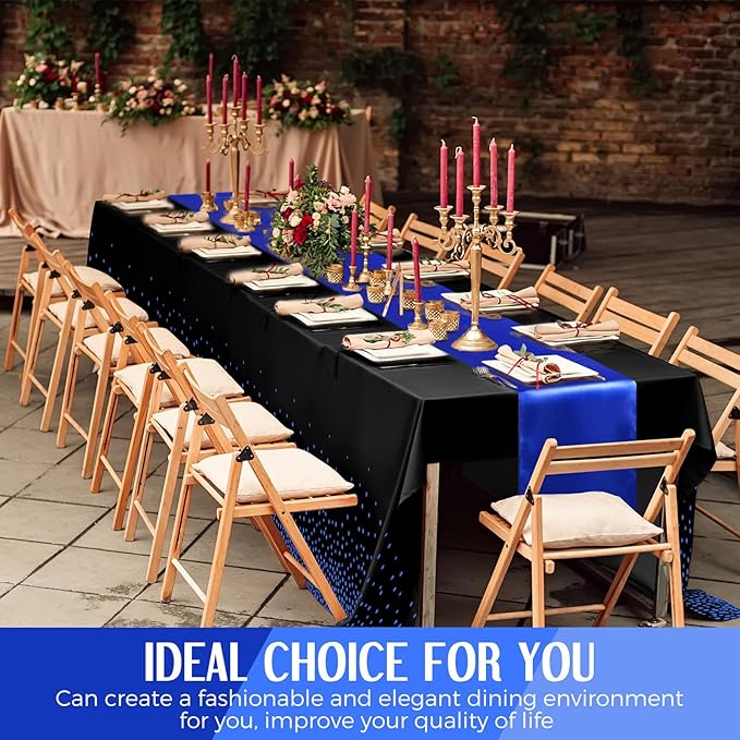 Breling 16 Pack Black and Blue Disposable Plastic Tablecloths and Satin Table Runner Set, 54 x 108 Inch Tablecloth, 12 x 108 Inch Table Runners for Wedding Graduation Birthday Baby Shower New Year