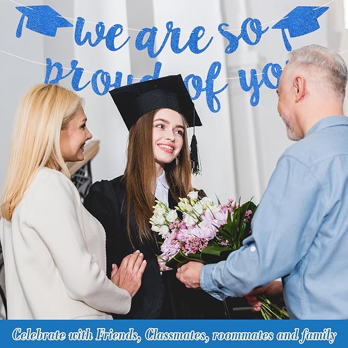 2026 Graduation Decorations Pre-Strung Blingbling We Are So Proud of You Banner Glitter Graduation Garland for Class of 2026 High School College Grad Party (Blue)