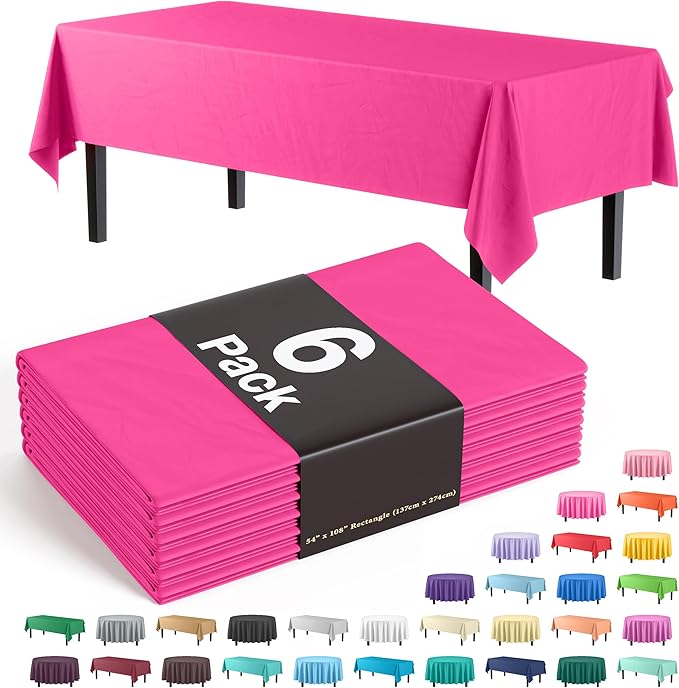 Exquisite Party Solids 6-Pack Premium Plastic Tablecloth 54in. x 108in. Rectangle Plastic Table Cover - Cerise