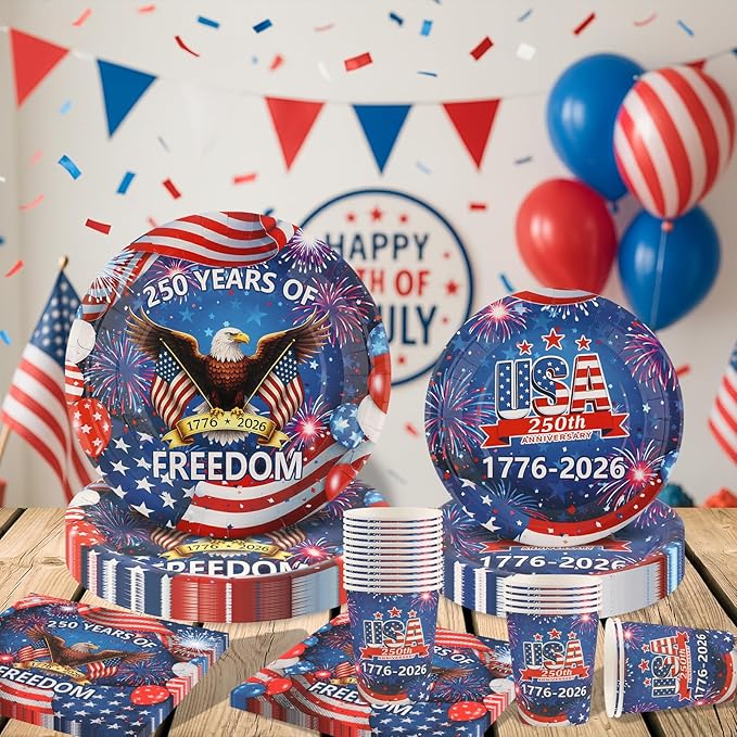 Probsin 250th Anniversary Plates and Napkins Set for 24-Disposable Paper Plates, Napkins, Cups, 250 Years of Freedom 1776-2026 American Eagle Patriotic Party Supplies for Outdoor Picnic