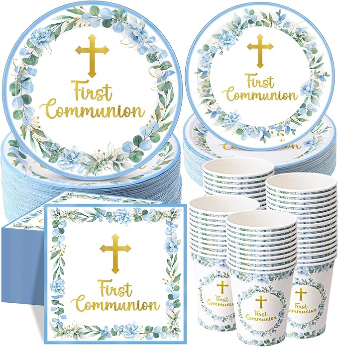 Pickmesh 250 Pcs Blue First Holy Communion Disposable Tableware Set God Bless Baptism Disposable Paper Plates Napkins and Cups for Boys Christening Celebration Baby Shower Religious Supplies Serve 50