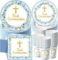 Pickmesh 250 Pcs Blue First Holy Communion Disposable Tableware Set God Bless Baptism Disposable Paper Plates Napkins and Cups for Boys Christening Celebration Baby Shower Religious Supplies Serve 50