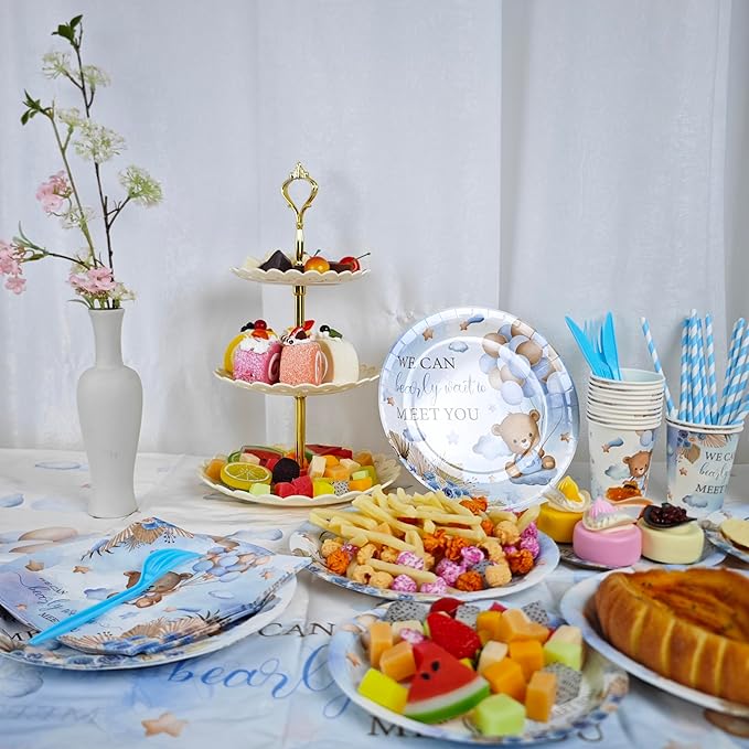 Baby Shower Party Supplies Set, We Can Bearly Wait Theme, 141 Pieces with Plates, Napkins, Cups and Tableware for 20 Guest Blue and Brown Bear Design Cuterly for Bear Babys Party