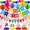 Birthday Decorations Kit, Happy Birthday Banner with Table Centerpieces, Colorful Paper Flag Garland, Hanging Swirl Streamers & Honeycomb Balls for All Birthday Party Decorations