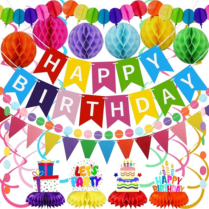 Birthday Decorations Kit, Happy Birthday Banner with Table Centerpieces, Colorful Paper Flag Garland, Hanging Swirl Streamers & Honeycomb Balls for All Birthday Party Decorations
