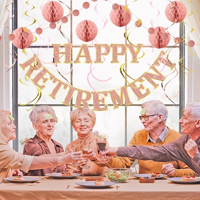 Retirement Party Decorations Kit for Women - 17-Piece Elegant Rose Gold Set with Pre-Strung Banner, Honeycomb Balls, Swirls & Garland | Instant Setup Party Decor | Retirement Gifts & Supplies