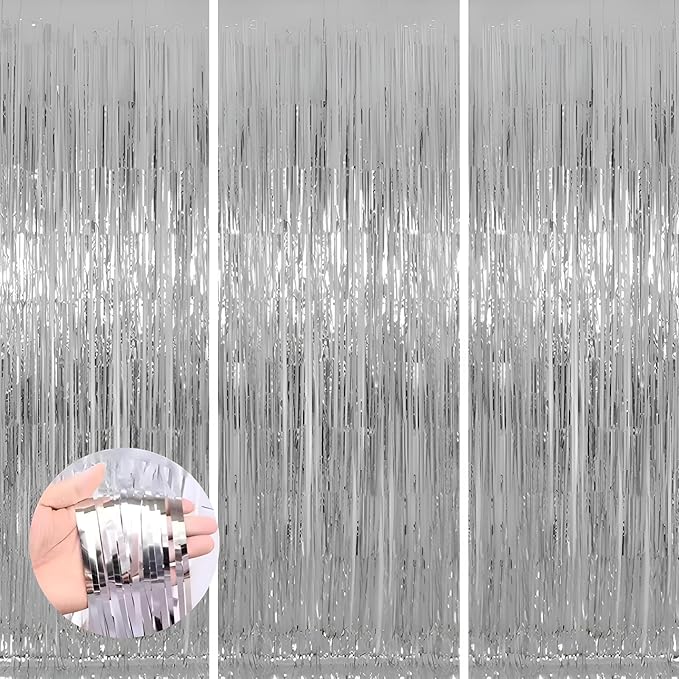 Valentines Day 3 Pack 3.3 * 8.3 ft Foil Curtain Metallic Tinsel Fringe Curtains Photo Booth Props Backdrop for Birthday Wedding Engagement Baby Shower Christmas Holiday Celebration Partyl,Silvery
