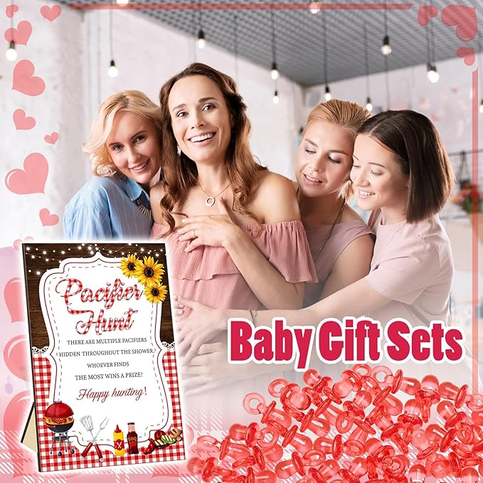 Thyle 51 Pcs BBQ Themed Baby Shower Game BBQ Pacifier Hunt Sign and 50 Acrylic Pacifiers for Baby Shower Decorations Gender Reveal Table Centerpiece Pregnancy Party Supplies