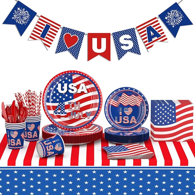 4th of July Decorations,194Pcs 4th of July Party Supplies Set,Patriotic Decor for Independence Day Includes Plates,Napkins,Cups,Banner,Tablecloth,Knives,Forks,Spoons and Straws (Serves 24)