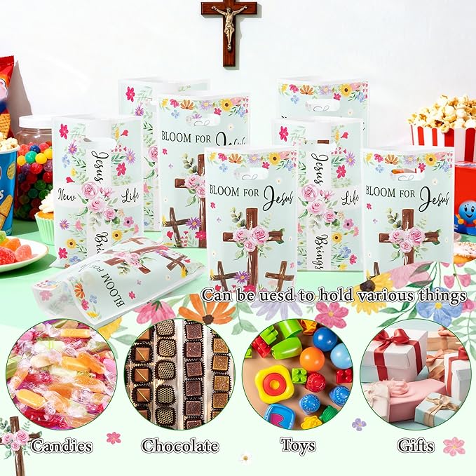 Spring Religious Party Favor Bag - 50Pcs Christian Cross Bible Floral Goodie Candy Treat Gift Bags Spring Flower Religious Party Supplies for Birthday Valentine's Day Easter Sunday School Church Gift