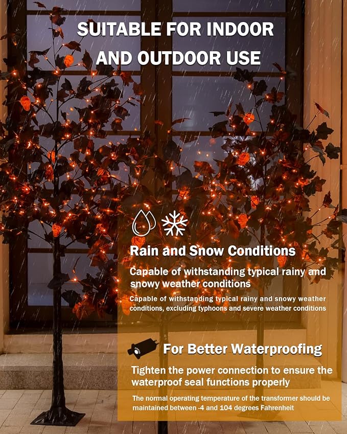 Halloween Decor Set – 4ft, 5ft & 6ft Black Maple Trees with 384 LED Lights, 24 Skull Lights & Spiders, Dimmable Timer, 16ft Cord, Indoor & Outdoor Decoration