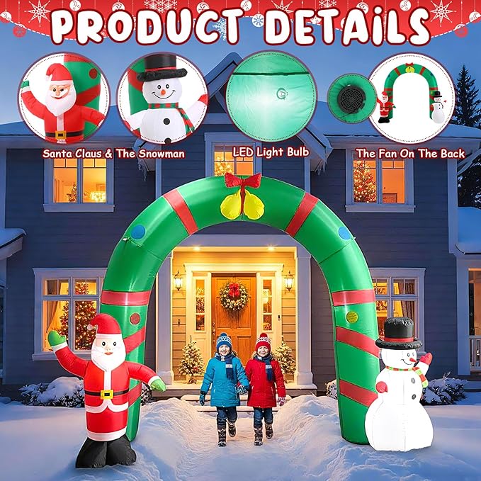 8ft Christmas Inflatable Archway Outdoor Decoration, Santa Claus and Snowman Arch Inflatable Blow up Yard Decor with Built-in LED Lights for Xmas Holiday Party Garden Lawn Decoration