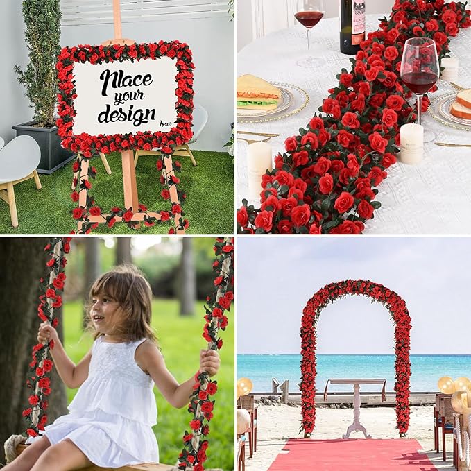 MARTINE MALL Flower Garland Rose Vines, 8 Strands 66Ft Flowers Vines for Bedroom, Rose Flower Garland Decoration, Red Rose Floral Garland for Room Table Birthday Wedding Party Garden Wall Decor