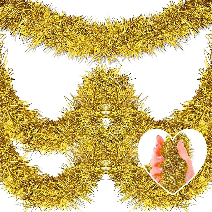 50 Feet Christmas Tinsel Garland, Metallic Twist Garland Wall Hanging Tinsel Garland Backdrop for Parade Floats, Carnival, Birthday, Wedding, New Year Party Decorations (Gold, 2in x 50ft)