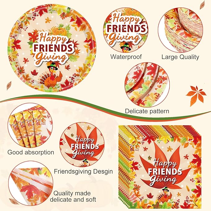 452 Pcs Happy Friendsgiving Party Decoration for 50, Fall Maple Leaf Friends Giving Paper Plates Napkins Cups Tablecloth Cutlery Straws for Autumn Friendsgiving Thanksgiving Party Supplies