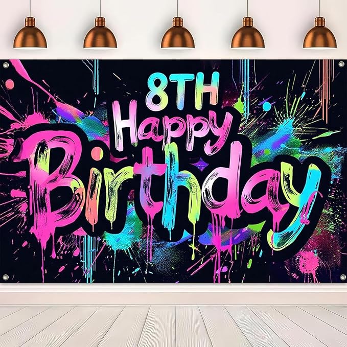 Neon 8th Happy Birthday Banner 71x43 Inch Paint Splatter Glow in The Dark Backdrop Colorful Wall Decor for Kids Boys Girls Eighth Birthday Celebrations Photo Booth Props Event Supplies