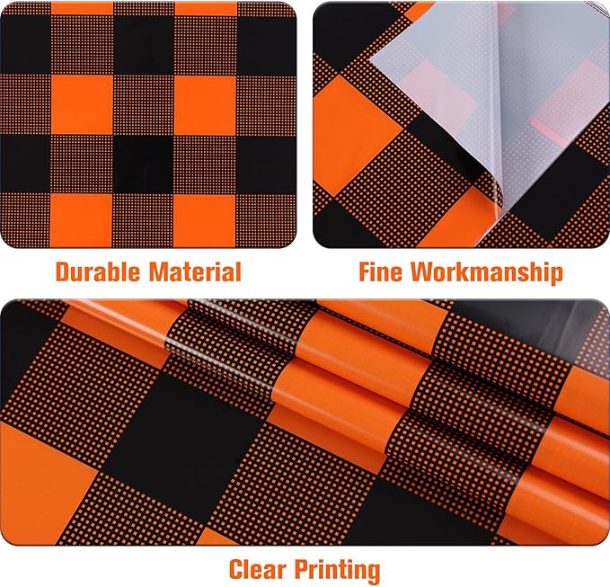 Kesfey 3 Packs Fall Orange Buffalo Check Plaid Tablecloth 54 x 108 Inches Waterproof Autumn Thanksgiving Gingham Table Cloth Disposable Orange and Black Plastic Checkered Picnic Tablecover for Camping