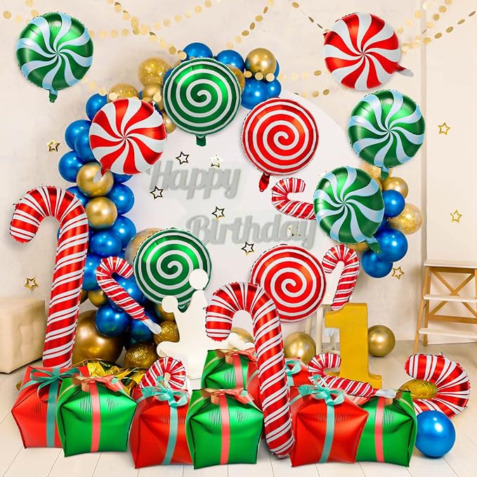32Pcs Christmas Balloons, Christmas Candy Cane Foil Balloons with Ribbons, Red Green Mylar Balloon for Party Decorations