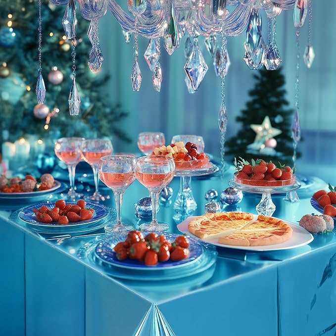 2 Pcs Lake Blue Foil Tablecloth 54 * 72inch Plastic Wedding Birthday Winter Party Turquoise Table Cloths Disposable Waterproof Aqua Table Cover for Graduation Anniversary Party Supplies