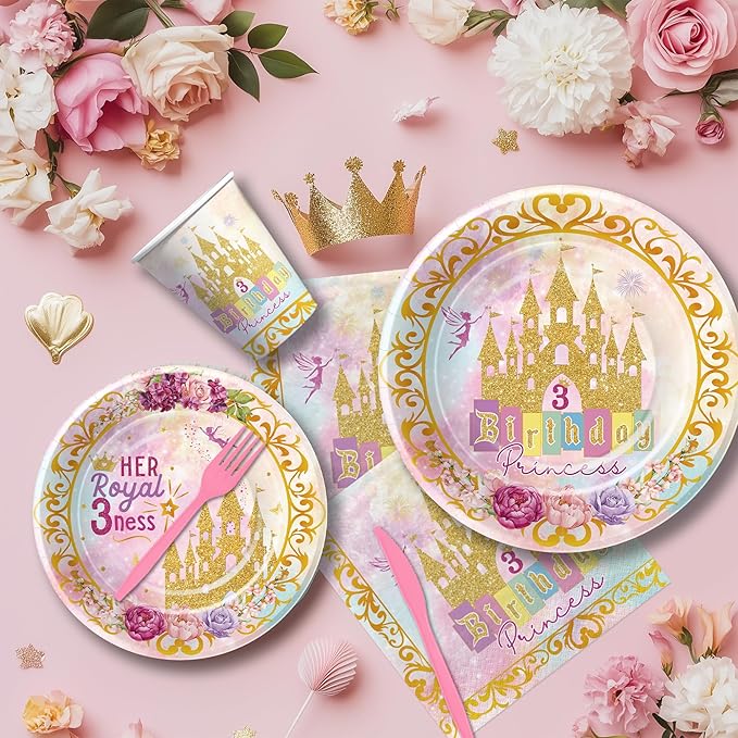Princess 3rd Birthday Party Decorations Tableware, Pink and Gold Princess Theme Her Royal 3ness Birthday Party Supplies, Paper Plate, Cup, Napkin, Disposable Cutlery, Serve 24
