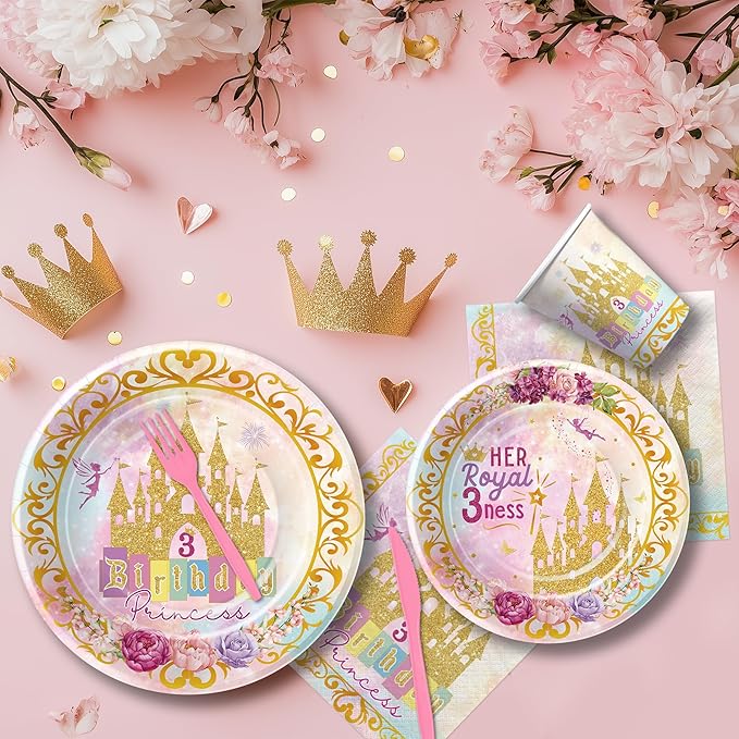 Princess 3rd Birthday Party Decorations Tableware, Pink and Gold Princess Theme Her Royal 3ness Birthday Party Supplies, Paper Plate, Cup, Napkin, Disposable Cutlery, Serve 24