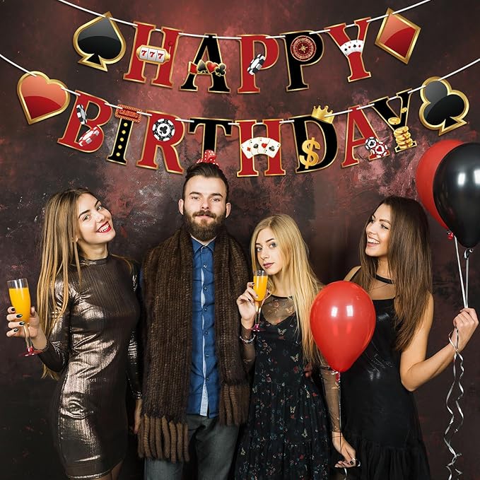 Casino Party Decorations Happy Birthday Banner Casino Party Banner Garland for Las Vegas Poker Night Birthday Party Decorations Casino Party Supplies