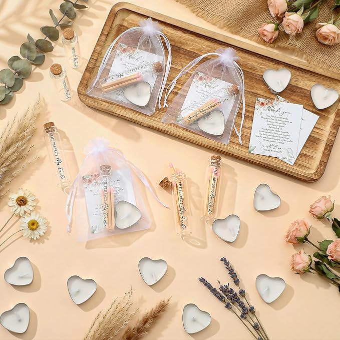 Wovnet 50 Sets Wedding Party Favors for Guests Bulk Including Heart Shaped Candles and Empty Matches Jars with Cork Top Thank You Cards and Organza Bags for Wedding Bridal Shower Party (Boho Flower)