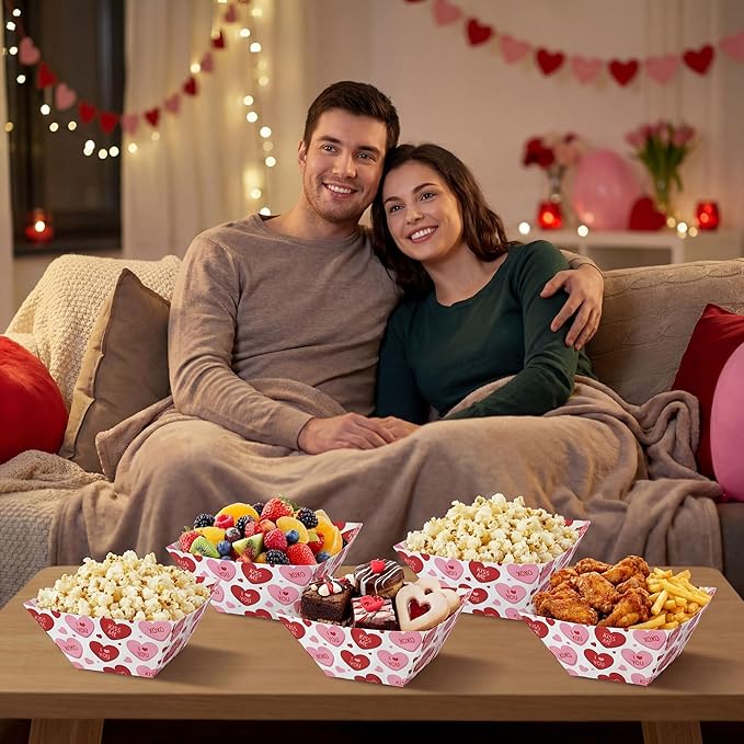 Marspark 12 Pcs Valentine Popcorn Bowl Red Heart Treat Snack Boxes Popcorn Containers Disposable Valentines Food Tray Party Supplies Galentines Decoration for Movie Night Wedding Decorations