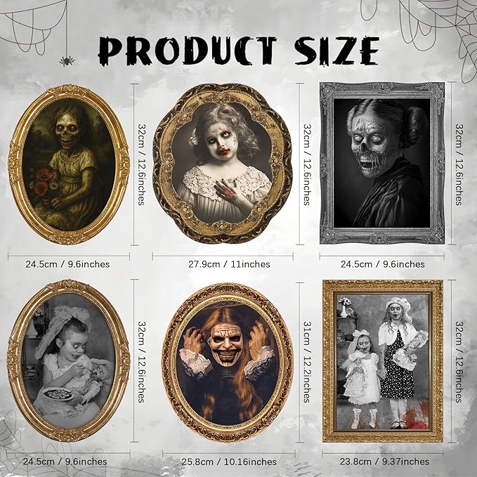 Scary Halloween Party Decoration Indoor Home Wall Decor, 3D Changing Face Moving Picture Portrait Frame, for Horror Spooky Party Supplies Castle Haunted House Decor(Style C, 6 Pieces)