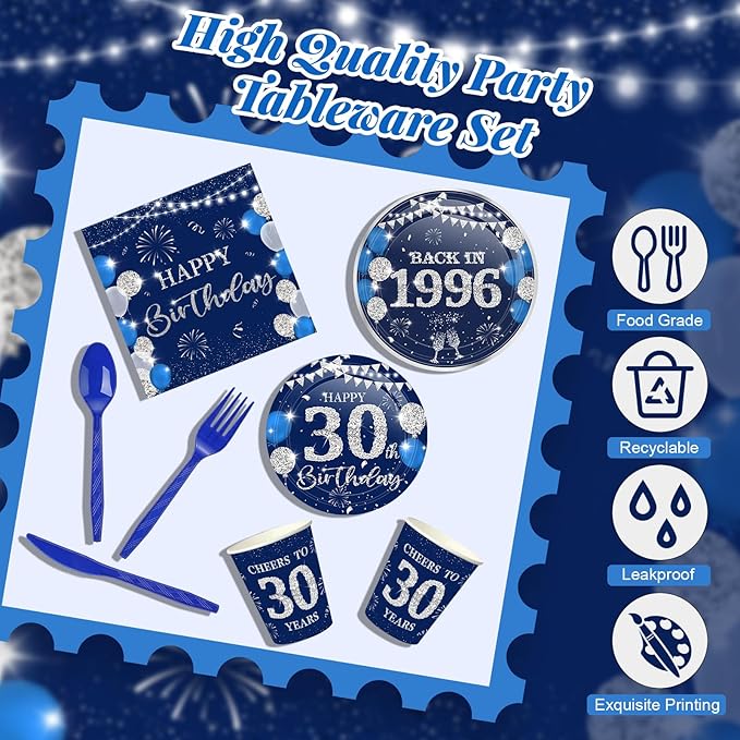 240 Pcs 30th Birthday Decorations 1996 Birthday Party Tableware Include Plates Napkins 9oz Cups Cutlery 30th Anniversary Party Supplies for Men Women Him Her, Serve 30 Guests (Blue Silver)